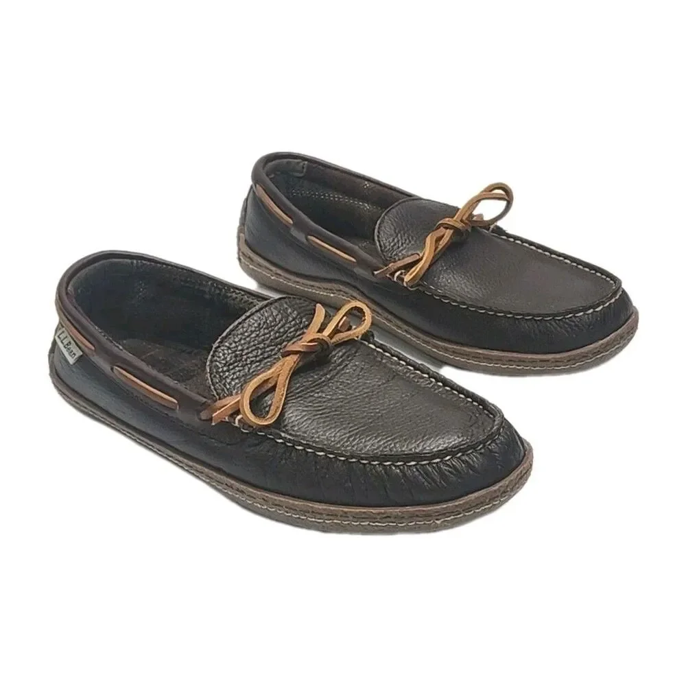 LL Bean Slipper Driving Loafer Men Sz 9 Brown Leather Flannel Line Moccasin Shoe